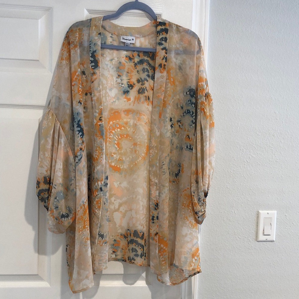 Veronica M Sheer Floral Kimono in Orange and Blue